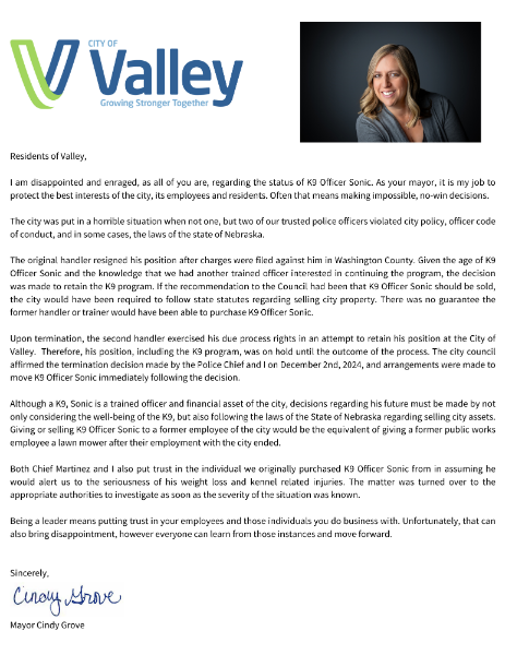 City of Valley - Mayor&rsquo;s Statement Regarding K9 Officer Sonic